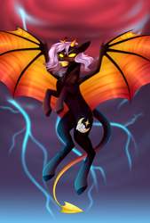 Size: 3000x4437 | Tagged: safe, artist:ohhoneybee, imported from derpibooru, oc, oc only, oc:cloudy night, demon, pony, lightning, solo, species swap