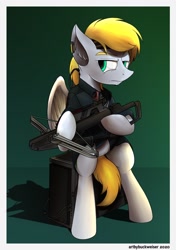 Size: 1348x1920 | Tagged: safe, artist:buckweiser, imported from derpibooru, oc, oc only, oc:cutting chipset, pegasus, pony, augmented, bipedal, cables, computer, crossbow, cybernetic eyes, looking sideways, looking to side, raised eyebrow, sierra nevada, sitting, solo, weapon