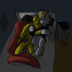 Size: 4000x4000 | Tagged: safe, artist:captainhoers, imported from derpibooru, oc, oc:cutting chipset, oc:dual screen, pegasus, bed, bedroom, cables, console, duo, female, male, night, sierra nevada, sleeping, snuggling