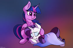 Size: 2400x1600 | Tagged: safe, artist:sadtrooper, artist:thefloatingtree, imported from derpibooru, rarity, twilight sparkle, alicorn, pony, unicorn, blanket, eyes closed, female, gradient background, jewelry, lesbian, lying down, mare, necklace, rarilight, shipping, smiling, twilight sparkle (alicorn)