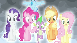 Size: 1920x1080 | Tagged: safe, imported from derpibooru, screencap, applejack, fluttershy, pinkie pie, rainbow dash, rarity, spike, dragon, earth pony, pegasus, unicorn, the ending of the end, winged spike, wings