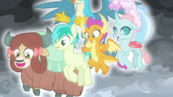 Size: 1920x1080 | Tagged: safe, imported from derpibooru, screencap, gallus, ocellus, sandbar, silverstream, smolder, yona, changedling, changeling, classical hippogriff, dragon, earth pony, griffon, hippogriff, pony, yak, the ending of the end, bow, cloven hooves, dragoness, female, hair bow, levitation, magic, male, monkey swings, student six, teenager, telekinesis