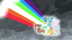 Size: 1920x1080 | Tagged: safe, imported from derpibooru, screencap, gallus, ocellus, sandbar, silverstream, smolder, yona, changedling, changeling, classical hippogriff, dragon, earth pony, griffon, hippogriff, pony, yak, the ending of the end, a pose, bow, cloven hooves, colored hooves, dragoness, eyes closed, female, hair bow, jewelry, levitation, magic, magic of friendship, male, monkey swings, necklace, rainbow, rainbow of harmony, spread arms, spread wings, student six, t pose, teenager, telekinesis, wings