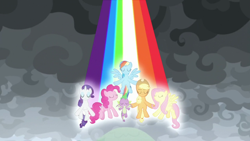 Size: 1920x1080 | Tagged: safe, imported from derpibooru, screencap, applejack, fluttershy, pinkie pie, rainbow dash, rarity, spike, dragon, earth pony, pegasus, pony, unicorn, the ending of the end, rainbow, winged spike, wings