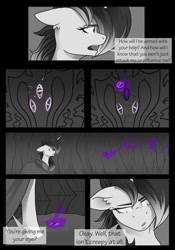 Size: 400x573 | Tagged: safe, artist:tillie-tmb, imported from derpibooru, oc, oc:tempest, pony, unicorn, comic:the amulet of shades, comic, dark magic, female, magic, mare, monochrome, neo noir, partial color, solo