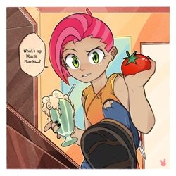 Size: 1280x1280 | Tagged: safe, artist:sugarelement, imported from derpibooru, babs seed, equestria girls, one bad apple, apple, cocktail, dialogue, ear piercing, female, food, looking at you, milkshake, piercing, solo, speech bubble, tomato