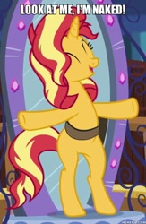 Size: 600x922 | Tagged: safe, edit, edited screencap, imported from derpibooru, screencap, sunset shimmer, equestria girls, equestria girls series, forgotten friendship, bag, bipedal, caption, image macro, memeful.com, saddle bag, solo, spongebob reference, spongebob squarepants, t pose, text, we don't normally wear clothes