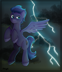 Size: 3000x3500 | Tagged: safe, artist:starlight, imported from derpibooru, oc, oc only, oc:stormspark, pegasus, pony, commission, flying, lightning, male, solo, stallion, unshorn fetlocks