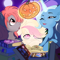 Size: 2000x2000 | Tagged: safe, artist:ynery, imported from derpibooru, trixie, oc, oc:venipuncture, bat pony, pegasus, pony, unicorn, background, bat pony oc, bat wings, book, commission, female, halloween, hat, holiday, horn, jack-o-lantern, magic, male, moon, night, open mouth, pegasus oc, pumpkin, scared, wings, witch hat, ych result