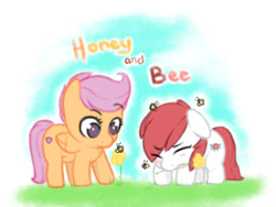 Size: 800x600 | Tagged: safe, artist:sugarelement, imported from derpibooru, scootaloo, oc, oc:red cherry, bee, insect, pegasus, pony, canon x oc, cute, flower