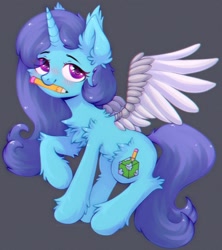 Size: 1248x1406 | Tagged: safe, artist:astralblues, imported from derpibooru, oc, oc only, pony, unicorn, chest fluff, cute, ear fluff, fluffy, gray background, hair, holding, leg fluff, looking up, mane, pencil, prothesis, purple eyes, shy, simple background, solo, tail