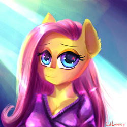 Size: 2000x2000 | Tagged: safe, artist:cali luminos, imported from derpibooru, fluttershy, anthro, breasts, bust, cleavage, clothes, cute, digital art, drawing, female, looking at you, mona lisa, shyabetes, signature, solo