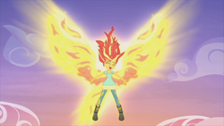 Size: 1920x1080 | Tagged: safe, imported from derpibooru, screencap, sunset shimmer, equestria girls, my past is not today, rainbow rocks, female, fiery shimmer, fiery wings, fire hair, floating, happy, mane of fire, singing, smiling, solo, sunset phoenix, wings