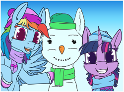 Size: 1400x1039 | Tagged: safe, artist:dacaoo, imported from derpibooru, rainbow dash, twilight sparkle, alicorn, pegasus, pony, carrot, clothes, duo, food, hat, scarf, snowmare, snowpony, twilight sparkle (alicorn), winter