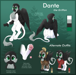 Size: 5578x5478 | Tagged: safe, artist:confetticakez, imported from derpibooru, oc, oc only, oc:dante, griffon, armor, cheek fluff, chest fluff, chibi, commission, flannel, griffon oc, paw pads, paws, reference sheet, sitting, solo, talons, toe beans, underpaw