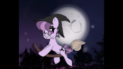 Size: 1920x1080 | Tagged: safe, artist:ali-selle, imported from derpibooru, oc, oc only, earth pony, pony, animated, broom, commission, flying, flying broomstick, gif, halloween, hat, holiday, moon, night, solo, witch hat, ych result