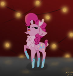 Size: 656x680 | Tagged: safe, artist:arbu7ik arts, artist:arbuzik arts, imported from derpibooru, pinkie pie, deer, deer pony, earth pony, original species, reindeer, cute, deerie pie, deerified, diapinkes, eyes closed, open mouth, raised hoof, reindeerified, solo, species swap