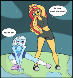 Size: 2317x2500 | Tagged: safe, artist:kyudude, imported from derpibooru, sunset shimmer, trixie, equestria girls, arm between legs, belly button, blue skin, breasts, cleavage, clothes, earth, female, giant human, giantess, gym shorts, jogging, macro, multicolored hair, purple eyes, shoes, shorts, socks, sports, sports bra, sports shorts, tomboy, toning legs, yellow skin