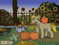 Size: 1280x960 | Tagged: safe, artist:circumflexs, imported from derpibooru, oc, oc:triticale, pony, bucket, bush, carrying, fence, flower, food, harvest, harvesting, high res, ponytail, potato, pumpkin, sunflower, tired, tree