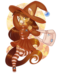 Size: 900x1080 | Tagged: safe, artist:sadelinav, imported from derpibooru, oc, oc only, anthro, earth pony, abstract background, clothes, eye clipping through hair, female, hat, open mouth, purse, simple background, smiling at you, socks, solo, striped socks, transparent background, witch hat