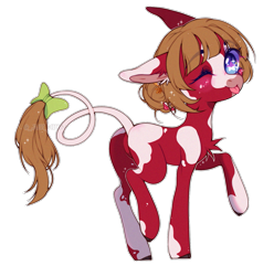 Size: 1333x1345 | Tagged: safe, artist:aniimoni, artist:kitten-in-the-jar, imported from derpibooru, oc, oc only, oc:moo-shroom, cow, cow pony, chibi, female, one eye closed, simple background, solo, tongue out, transparent background, wink