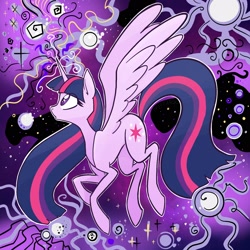 Size: 2048x2048 | Tagged: safe, artist:pfeffaroo, imported from derpibooru, twilight sparkle, alicorn, pony, abstract background, female, high res, looking at something, looking up, magic, mare, open mouth, profile, solo, spread wings, twilight sparkle (alicorn), wings