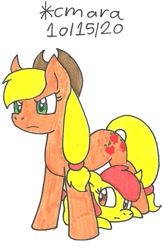 Size: 661x1010 | Tagged: safe, artist:cmara, imported from derpibooru, apple bloom, applejack, earth pony, pony, applejack's hat, cowboy hat, duo, female, filly, hat, mare, marker drawing, protecting, siblings, simple background, sisters, traditional art, white background