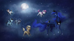 Size: 3700x2063 | Tagged: safe, artist:cvanilda, imported from derpibooru, princess luna, oc, oc:sky secret, alicorn, pegasus, pony, female, flying, full moon, mare, moon, night, pegasus oc, peytral, signature, stars, wings