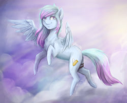 Size: 2999x2439 | Tagged: safe, artist:cvanilda, imported from derpibooru, oc, oc only, pegasus, pony, flying, pegasus oc, sky, smiling, solo, tail, wings