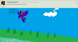 Size: 1003x548 | Tagged: safe, artist:maverickmam, imported from derpibooru, oc, oc only, oc:dark blaze, pony, ask, cloud, female, flying, horn, mare, multiple horns, solo, tricorn, wings