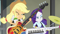 Size: 1920x1080 | Tagged: safe, imported from derpibooru, screencap, applejack, pinkie pie, rarity, equestria girls, rainbow rocks, bass guitar, duo focus, keytar, musical instrument, one eye closed, wince