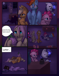 Size: 2550x3300 | Tagged: safe, artist:mrrowerscream, artist:shido-tara, imported from derpibooru, applejack, fluttershy, pinkie pie, rainbow dash, rarity, spike, twilight sparkle, alicorn, comic:curse and madness, butt pillow, mane seven, mane six, mlpcam, pony pile, sleep mask, sleeping, twilight sparkle (alicorn)