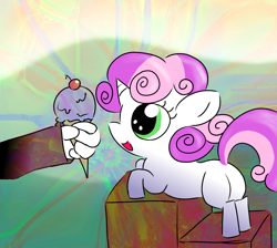 Size: 1900x1700 | Tagged: safe, artist:branate, imported from derpibooru, sweetie belle, pony, unicorn, butt, cherry, female, filly, food, hand, ice cream, plot, sweetie butt