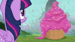 Size: 1920x1080 | Tagged: safe, imported from derpibooru, screencap, twilight sparkle, alicorn, pony, the ending of the end, chocolate, chocolate rain, cupcake, female, food, mare, rain, solo, twilight sparkle (alicorn)