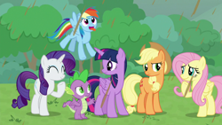 Size: 1920x1080 | Tagged: safe, imported from derpibooru, screencap, applejack, fluttershy, rainbow dash, rarity, spike, twilight sparkle, alicorn, dragon, earth pony, pegasus, pony, unicorn, the ending of the end, chocolate, chocolate rain, cute, dashabetes, female, food, male, mare, rain, silly, silly pony, tongue out, twilight sparkle (alicorn), varying degrees of amusement, winged spike, wings