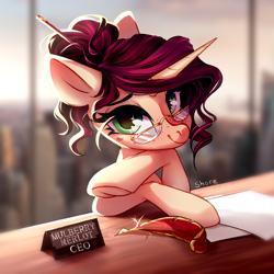 Size: 3445x3445 | Tagged: safe, artist:shore2020, imported from derpibooru, oc, oc only, oc:mulberry merlot, pony, unicorn, blurred background, cute, feather, feather pen, female, glasses, green eyes, mare, pencil, quill, solo