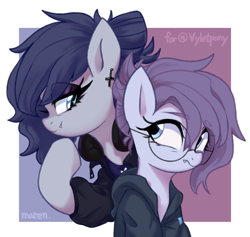 Size: 2725x2584 | Tagged: safe, artist:maren, imported from derpibooru, oc, oc only, oc:vylet, pony, undead, vampire, black sclera, clothes, cute, cute little fangs, duo, fangs, gift art, glasses, headphones, high res, hoodie, jacket, lidded eyes