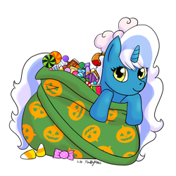 Size: 1280x1280 | Tagged: safe, artist:lib-fluffymoss, imported from derpibooru, oc, oc only, oc:fleurbelle, alicorn, pony, adorabelle, alicorn oc, bow, candy, candy corn, cute, female, food, hair bow, halloween, holiday, horn, if it fits i sits, looking at you, mare, simple background, solo, transparent background, trick or treat, wingding eyes, wings, yellow eyes