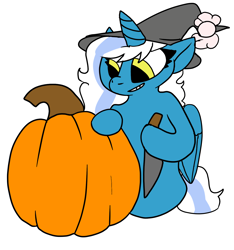 Size: 1436x1536 | Tagged: safe, artist:mablearts, imported from derpibooru, oc, oc only, oc:fleurbelle, alicorn, pony, alicorn oc, bow, female, grin, hair bow, hat, horn, mare, pumpkin, simple background, smiling, solo, wings, witch, witch hat, yellow eyes