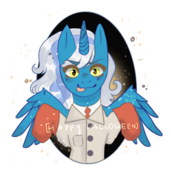 Size: 1280x1280 | Tagged: safe, artist:missno1r, imported from derpibooru, oc, oc only, oc:fleurbelle, alicorn, pony, alicorn oc, clothes, female, gloves, happy halloween, horn, lab coat, looking at you, mare, medic, medical, shirt, simple background, solo, team fortress 2, tongue out, transparent background, wings, yellow eyes