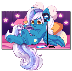 Size: 1288x1260 | Tagged: safe, artist:starember, imported from derpibooru, oc, oc only, oc:fleurbelle, alicorn, pony, adorabelle, alicorn oc, bed, book, bow, cute, female, hair bow, headphones, horn, lying down, mare, phone, pillow, reading, simple background, solo, stars, transparent background, wings, yellow eyes