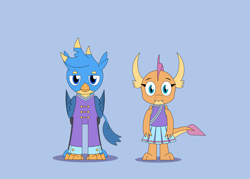 Size: 4912x3513 | Tagged: safe, artist:gd_inuk, imported from derpibooru, gallus, smolder, dragon, griffon, 2 4 6 greaaat, band uniform, blue background, cheerleader, cheerleader outfit, cheerleader smolder, clothes, duo, fangs, gallus is not amused, high res, looking at you, simple background, unamused