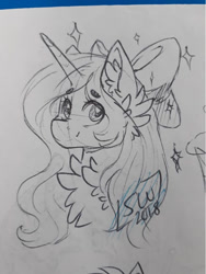 Size: 721x960 | Tagged: safe, artist:silentwolf-oficial, imported from derpibooru, oc, oc only, pony, unicorn, bow, bust, chest fluff, ear fluff, hair bow, horn, lineart, signature, solo, traditional art, unicorn oc