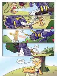 Size: 768x1024 | Tagged: safe, artist:sara pitre-durocher, idw, imported from derpibooru, applejack, spoiler:comic, spoiler:friendship in disguise, spoiler:friendship in disguise04, angry, applejack is not amused, bombshell, exhausted, friendship in disguise, insecticons, kickback, preview, shrapnel, transformers, unamused, venom (insecticon)