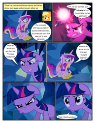 Size: 612x792 | Tagged: safe, artist:newbiespud, edit, edited screencap, imported from derpibooru, screencap, applejack, princess cadance, rainbow dash, twilight sparkle, alicorn, earth pony, pegasus, pony, unicorn, comic:friendship is dragons, a canterlot wedding, angry, cave, comic, crap, crystal, dialogue, female, freckles, glowing horn, good question, hat, horn, injured, mare, messy mane, reflection, screencap comic, sneer, unicorn twilight, worried