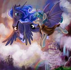 Size: 1333x1318 | Tagged: safe, alternate version, artist:aerosaur83, imported from derpibooru, princess luna, stygian, alicorn, fanfic:loving darkness, bat wings, blushing, canterlot castle, cloud, eye contact, female, flying, looking at each other, male, mare, rainbow, romantic, shipping, stallion, straight, styuna, waterfall, winged unicorn, wings