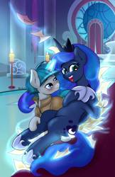 Size: 2695x4165 | Tagged: safe, artist:kyokimute, imported from derpibooru, princess luna, stygian, alicorn, pony, unicorn, fanfic:loving darkness, commission, duo, female, magic, male, mare, paper magic, romance, shipping, stallion, straight, styuna, throne room