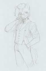 Size: 1079x1677 | Tagged: safe, artist:longinius, imported from derpibooru, sunburst, anthro, clothes, facial hair, glasses, hand in pocket, looking at you, male, sketch, solo, suspenders, traditional art, vest