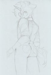 Size: 1110x1626 | Tagged: safe, artist:longinius, imported from derpibooru, sunburst, anthro, ass, butt, clothes, facial hair, glasses, hand in pocket, looking at you, looking back, male, sketch, solo, traditional art