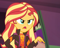 Size: 1361x1080 | Tagged: safe, imported from derpibooru, screencap, sunset shimmer, equestria girls, equestria girls series, sunset's backstage pass!, spoiler:eqg series (season 2), angry, cropped, open mouth, pointing, solo